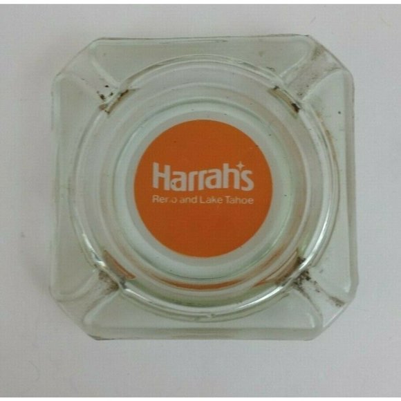 Vintage Harrah's Casino Reno And Lake Tahoe Square Glass Ashtray Orange Logo - Picture 1 of 2